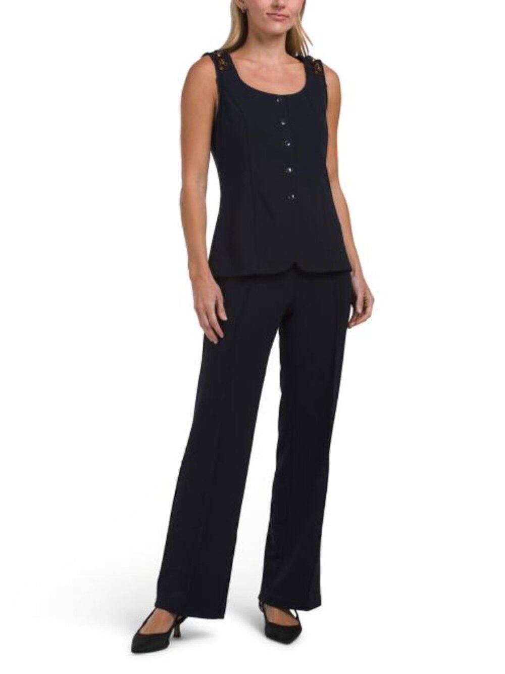 CHLOE & JASMINE 2pc Tortoise Trim Vest And Pintuck Pants Set